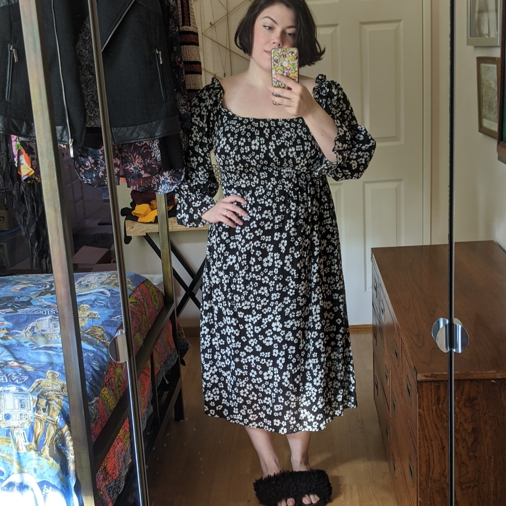 Black and White Floral Cotton Peasant Midi Dress